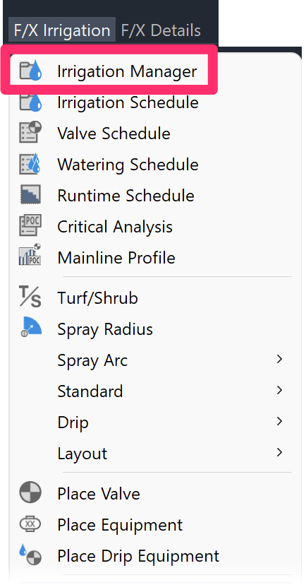 F/X Irrigation menu